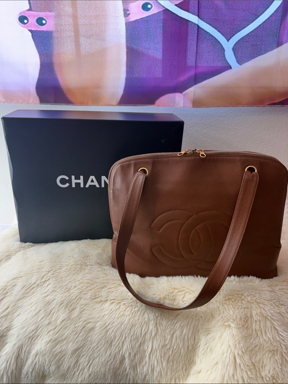 😍Fall🍁 Chanel Caviar Stitched CC Double Zip Caramel Brown Timeless Tote - Picture 3 of 14